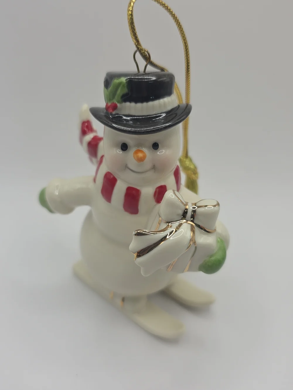 Lenox White Snowman Ornament with Black Hat, Red Scarf and Gold Trim